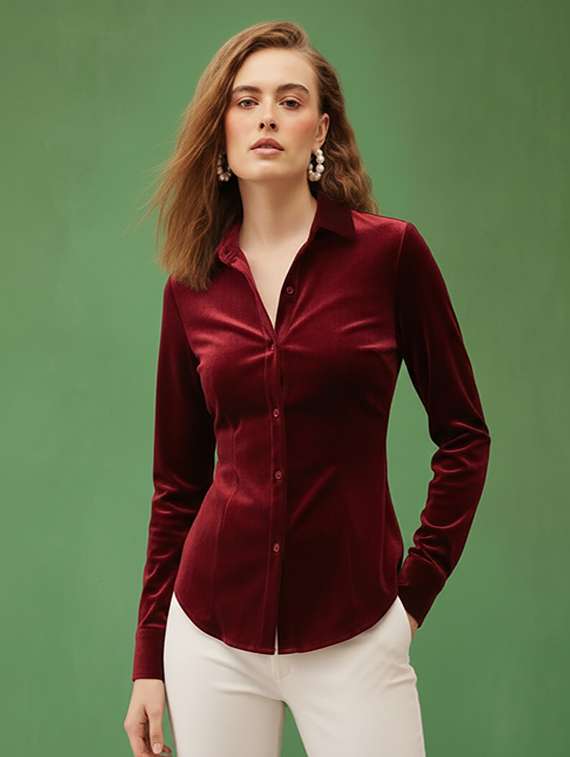 women solid long sleeve collared shirt