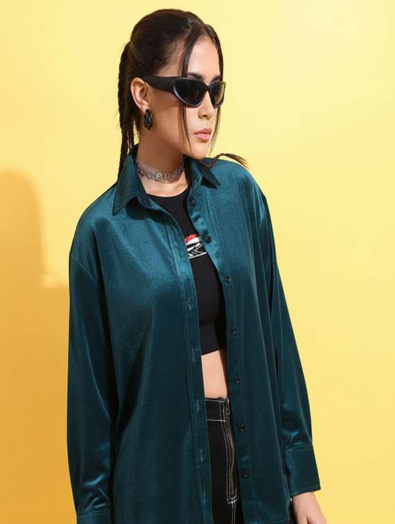 women solid collared long sleeve shirt