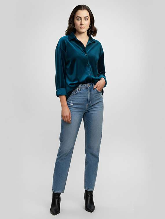 women solid collared long sleeve shirt - 22253742 -  Standard Image - 3