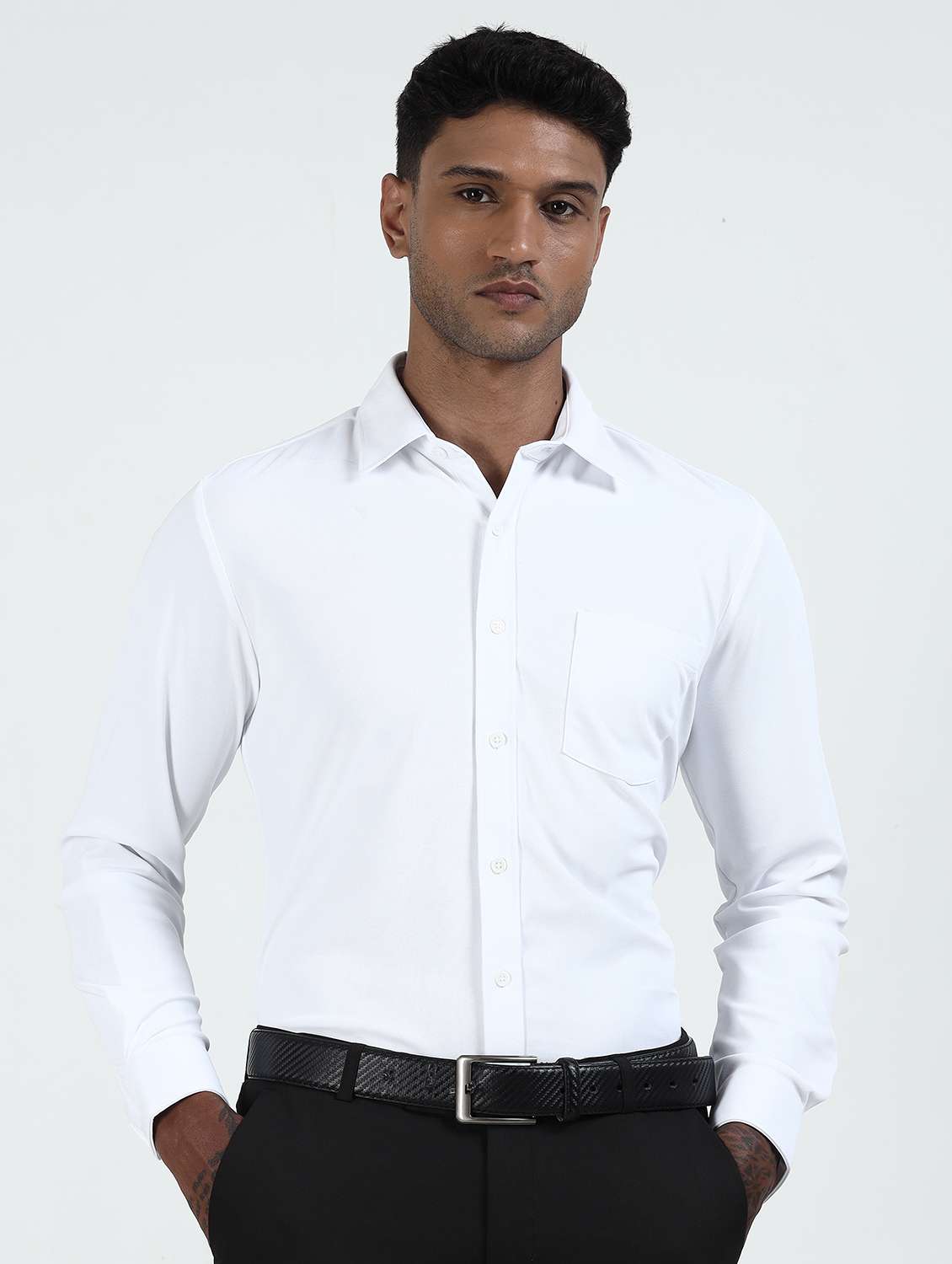 men solid collared long sleeve shirt