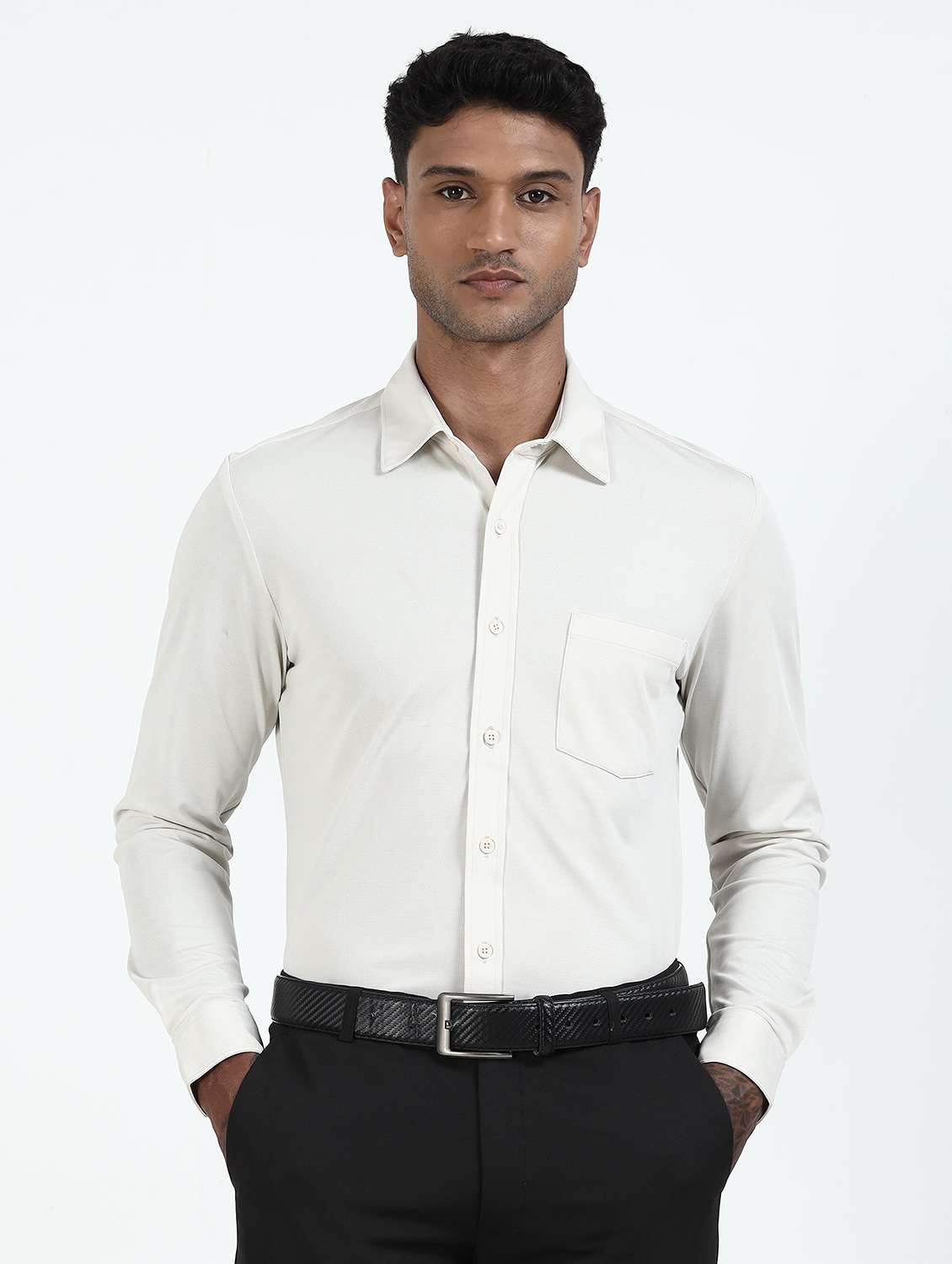 men solid collared long sleeve shirt