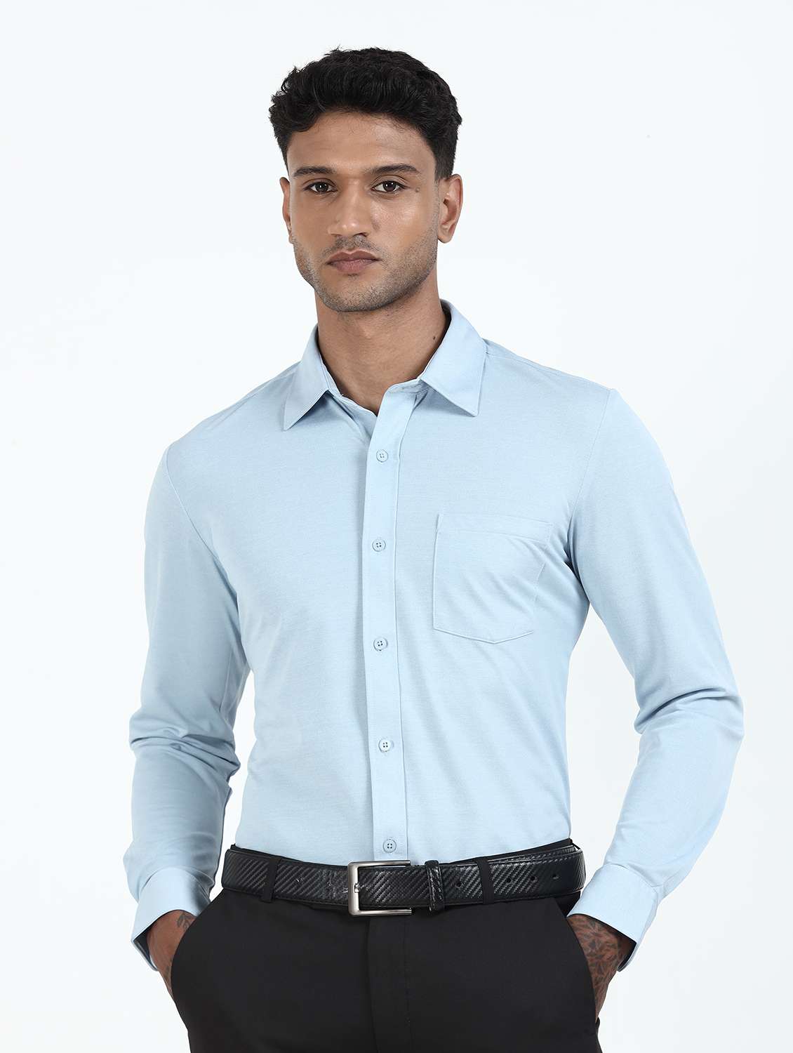 men solid collared long sleeve shirt