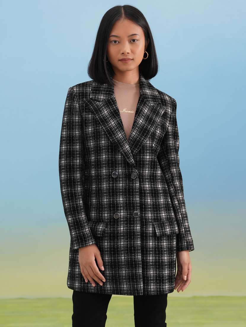 women checkered long sleeve trench coat