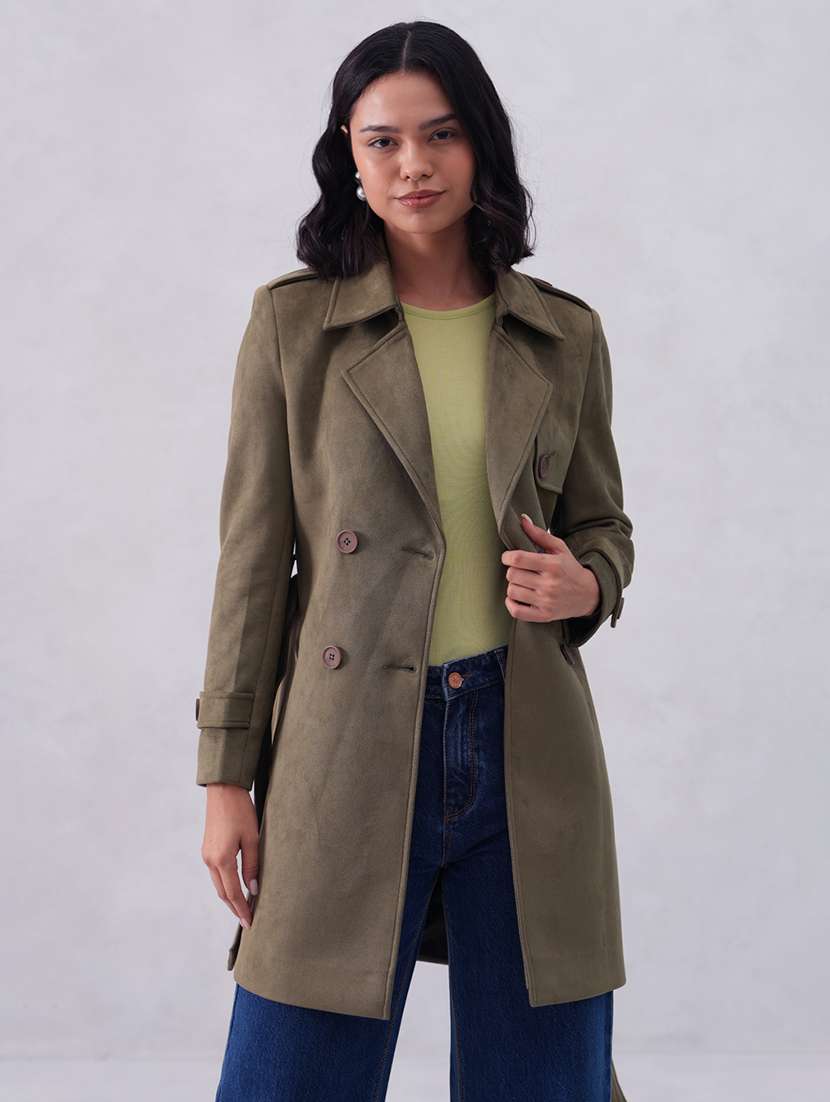 women solid long sleeve trench coat