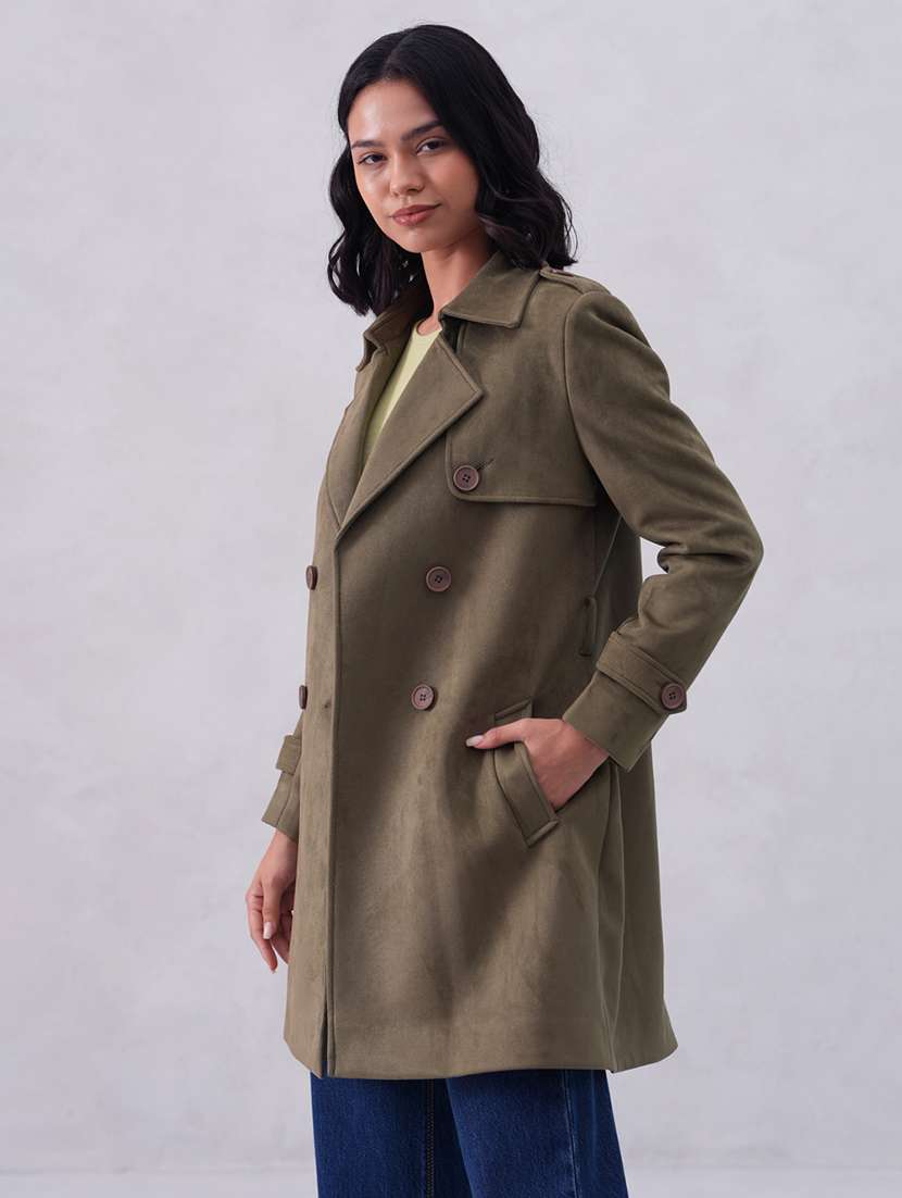 women solid long sleeve trench coat - 22253760 -  Standard Image - 3
