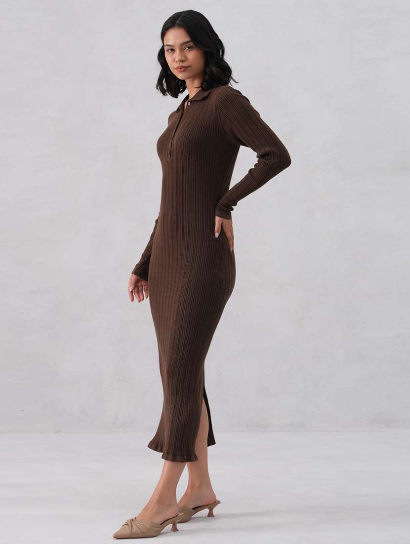 women solid long sleeve collared bodycon dress - 22253769 -  Standard Image - 3