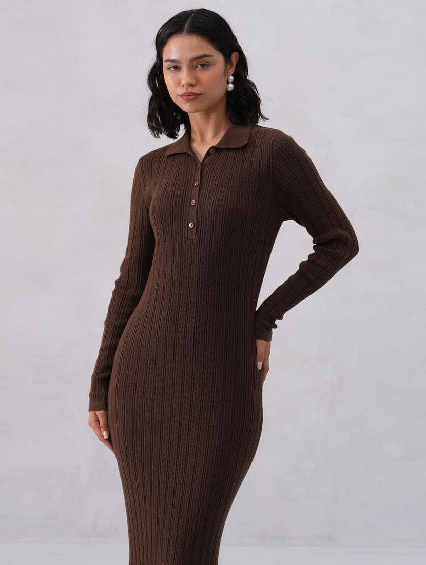 women solid long sleeve collared bodycon dress - 22253769 -  Standard Image - 5