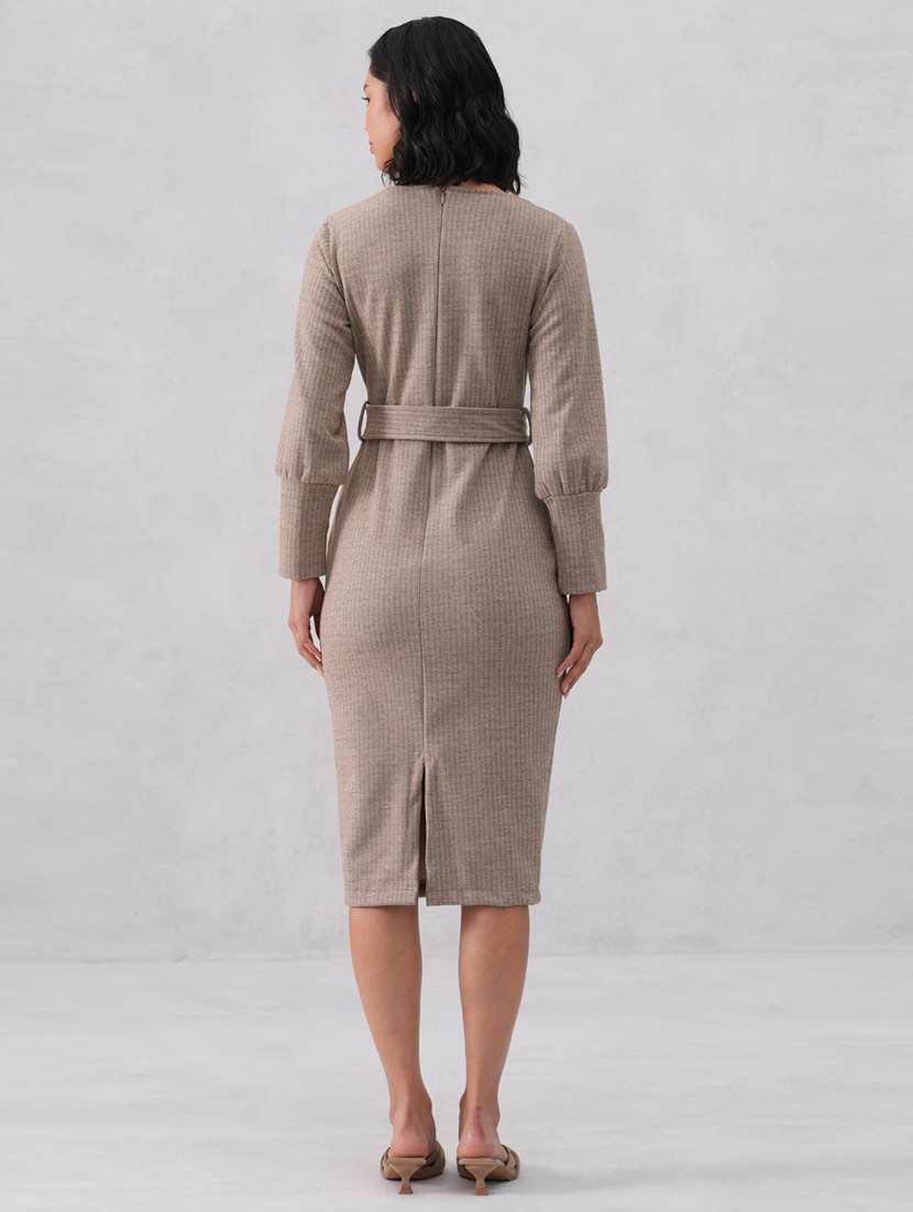women solid long sleeve belted bodycon dress - 22253772 -  Standard Image - 3