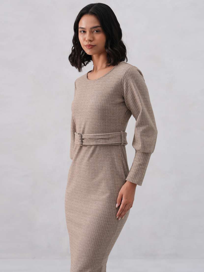 women solid long sleeve belted bodycon dress - 22253772 -  Standard Image - 5