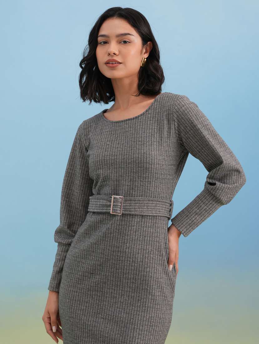 women solid long sleeve belted bodycon dress - 22253773 -  Standard Image - 5