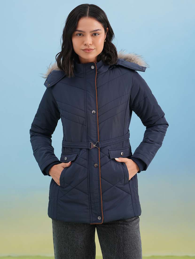 women solid long sleeve hooded puffer jacket