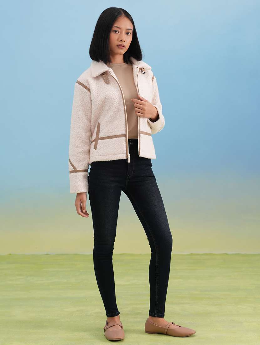 women solid long sleeve collared fur jacket - 22253778 -  Standard Image - 5