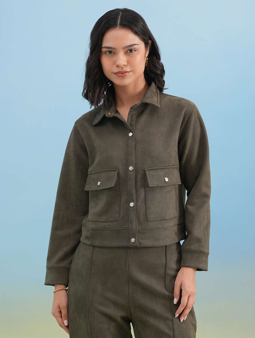 women solid long sleeve collared shacket