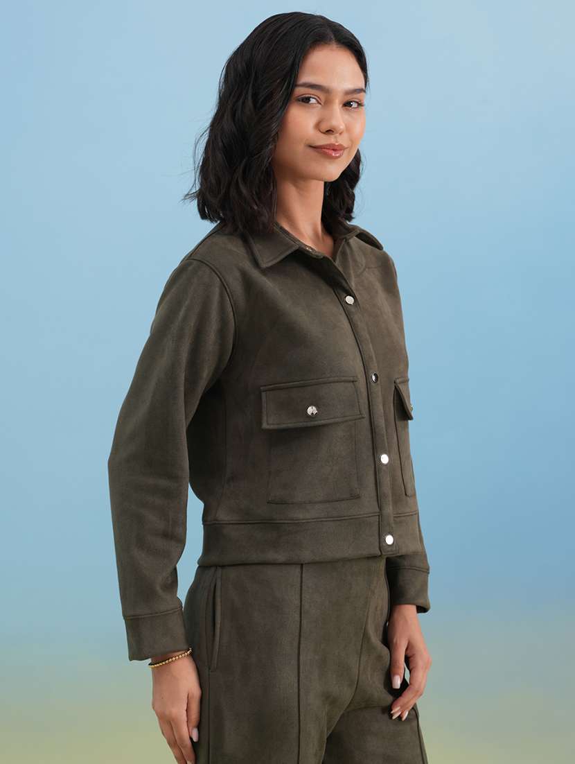 women solid long sleeve collared shacket - 22253784 -  Standard Image - 3