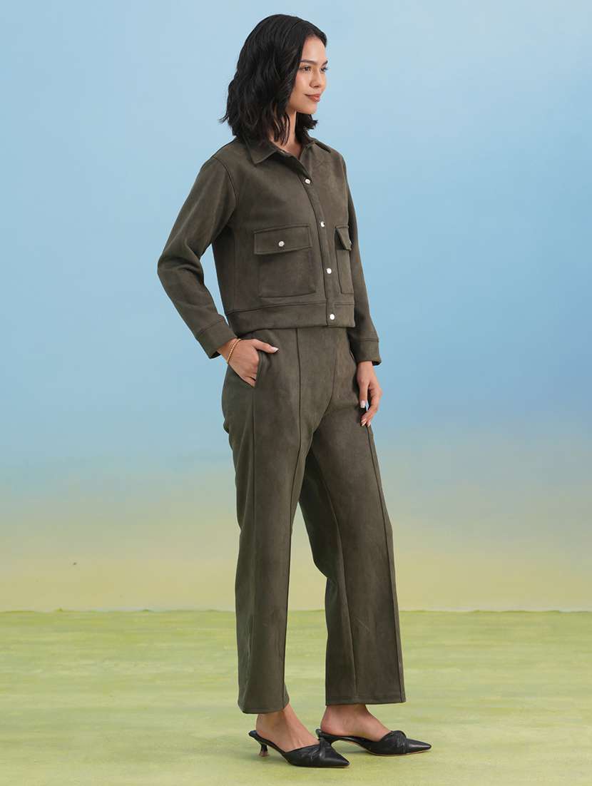 women solid long sleeve collared shacket - 22253784 -  Standard Image - 5