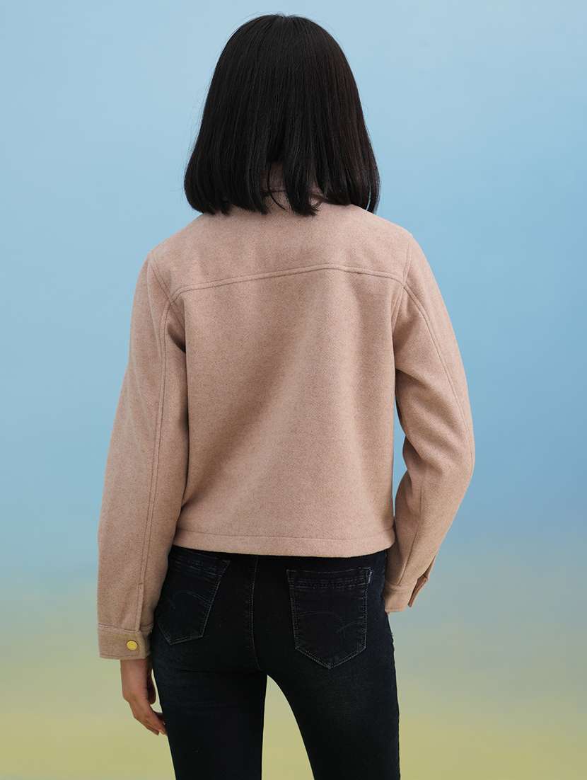 women solid collared long sleeve crop shacket - 22253785 -  Standard Image - 3