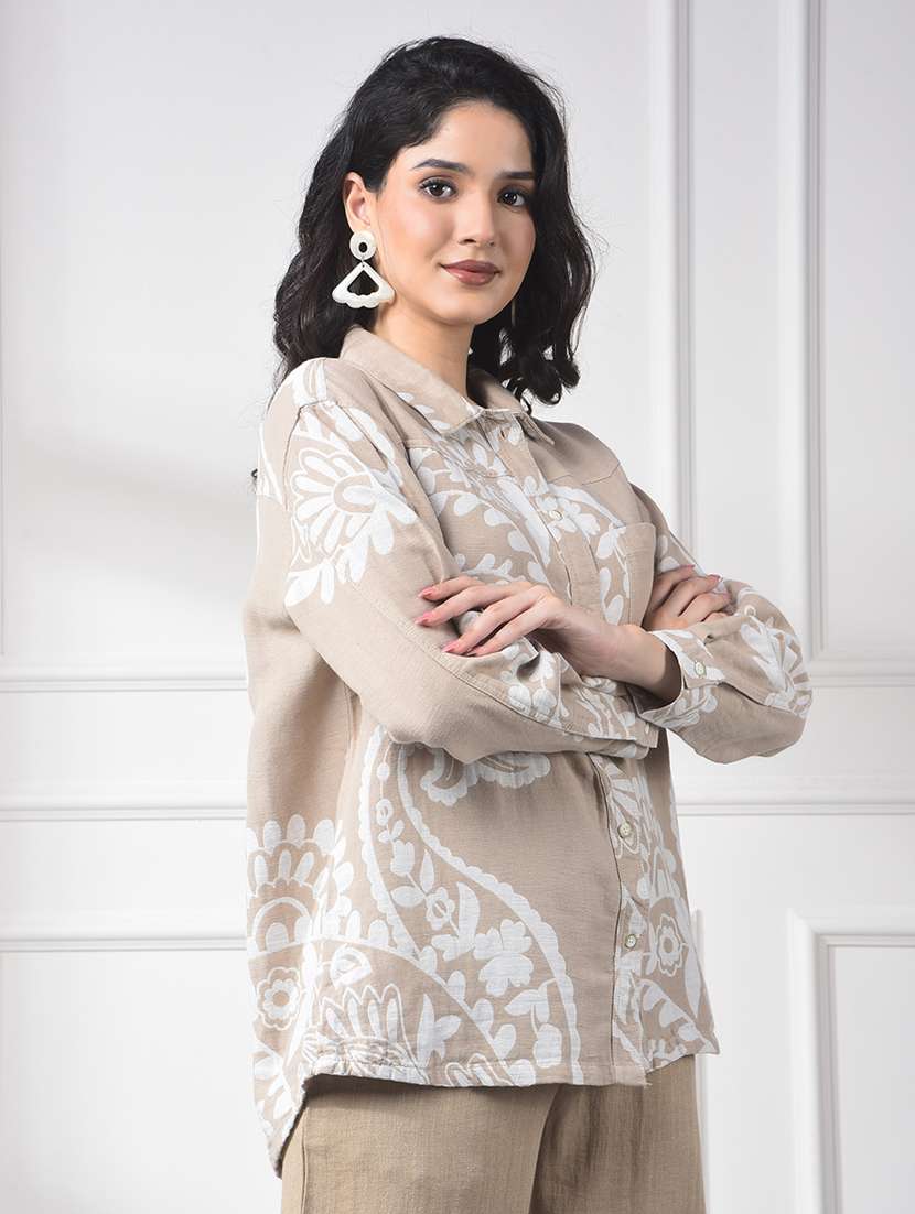 women printed collared long sleeve shirt