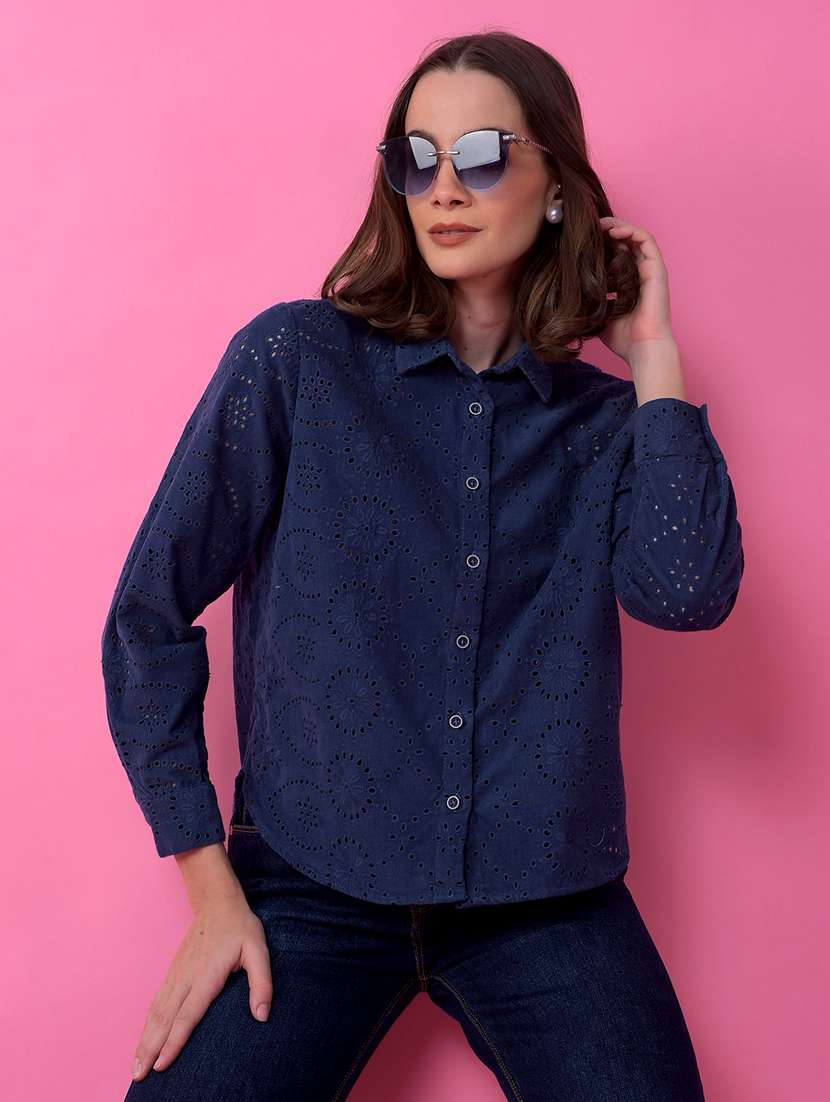 women solid collared relaxed fit shirt