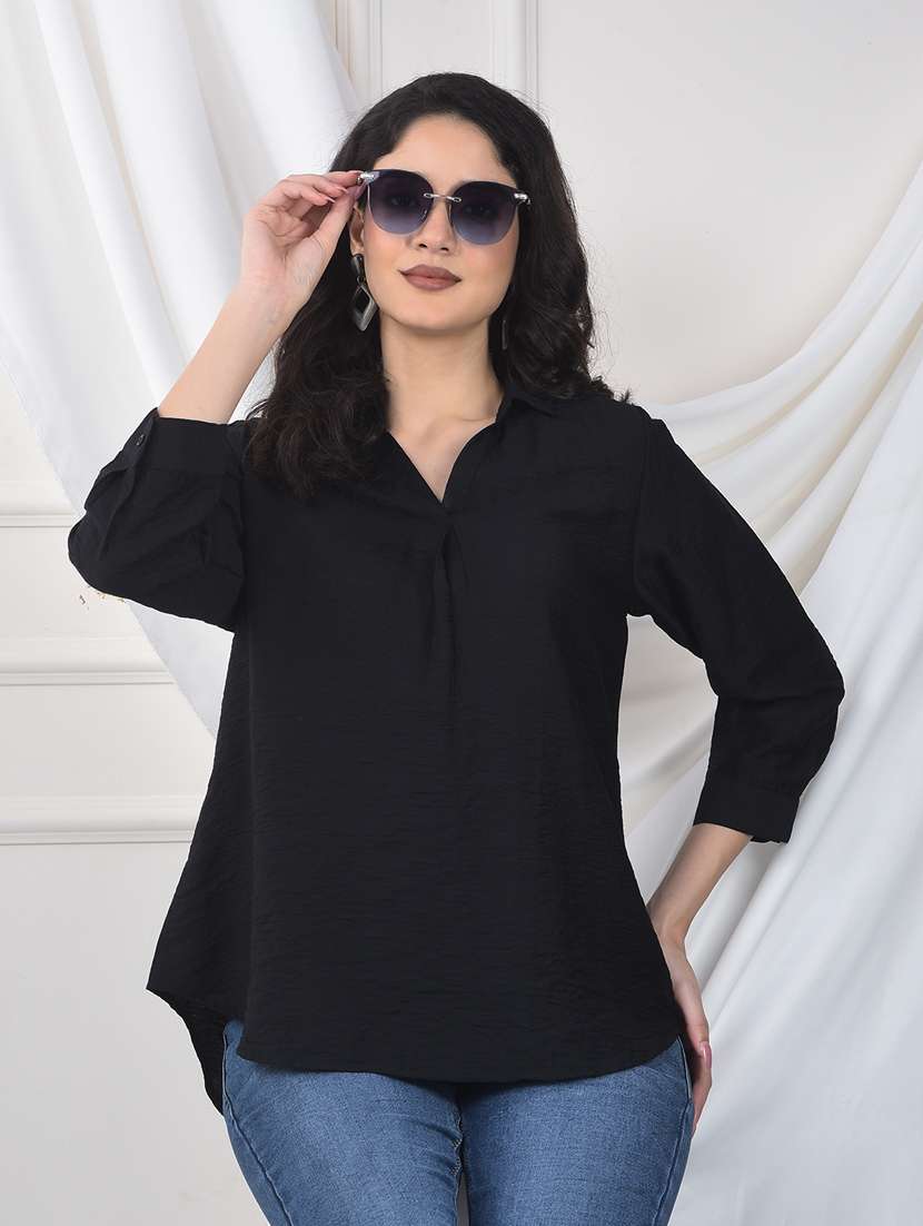 women solid collared three quarter sleeve top