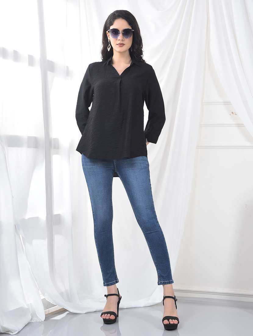 women solid collared three quarter sleeve top - 22253810 -  Standard Image - 3