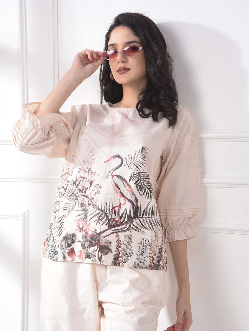 women floral print puff sleeve high low top