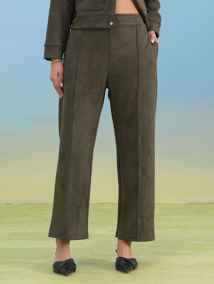 women solid mid rise straight trouser