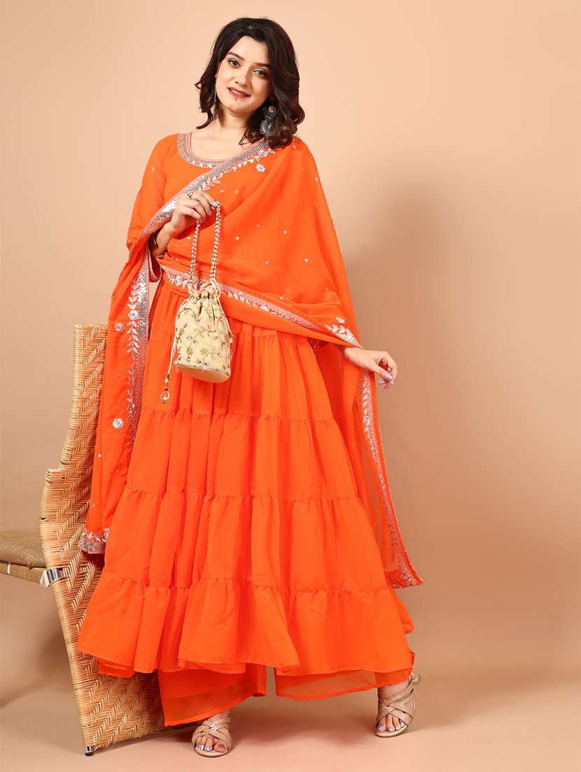 women solid with work long sleeve kurta dupatta set