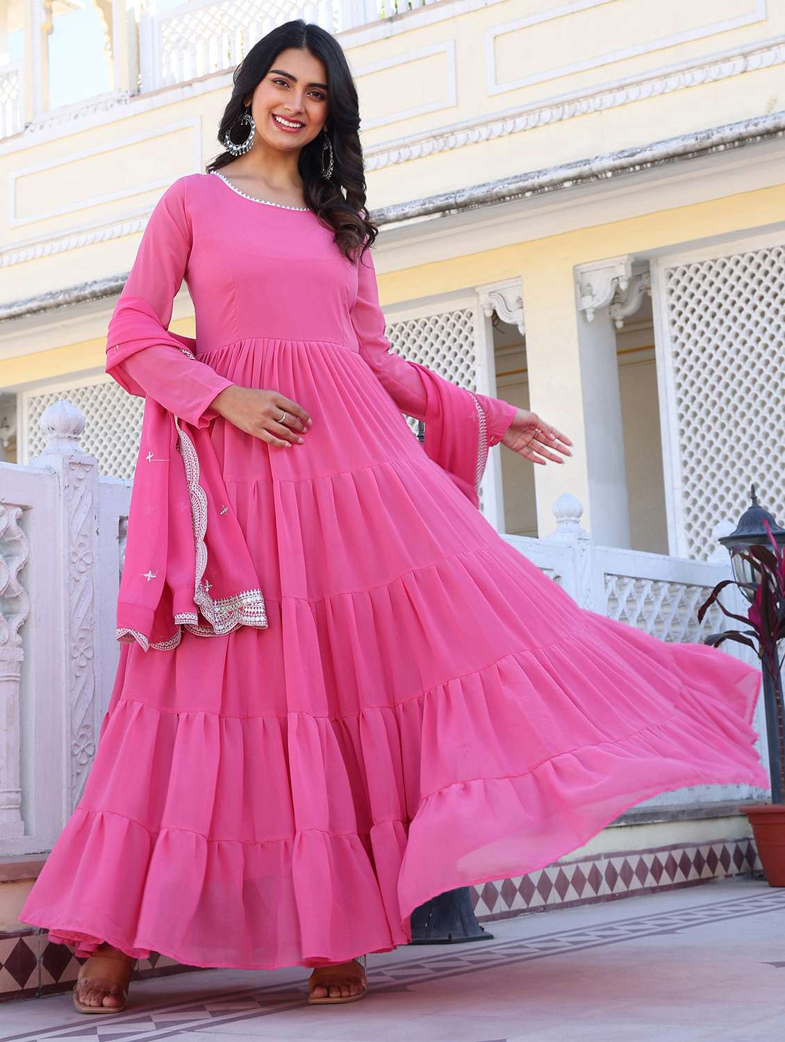 women solid long sleeve kurta dupatta set