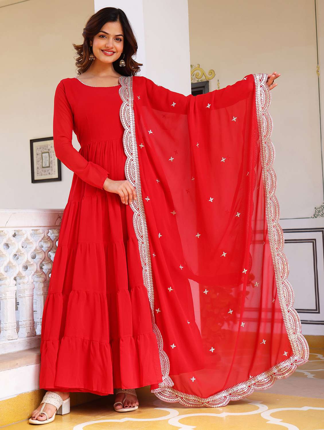 women solid long sleeve kurta dupatta set