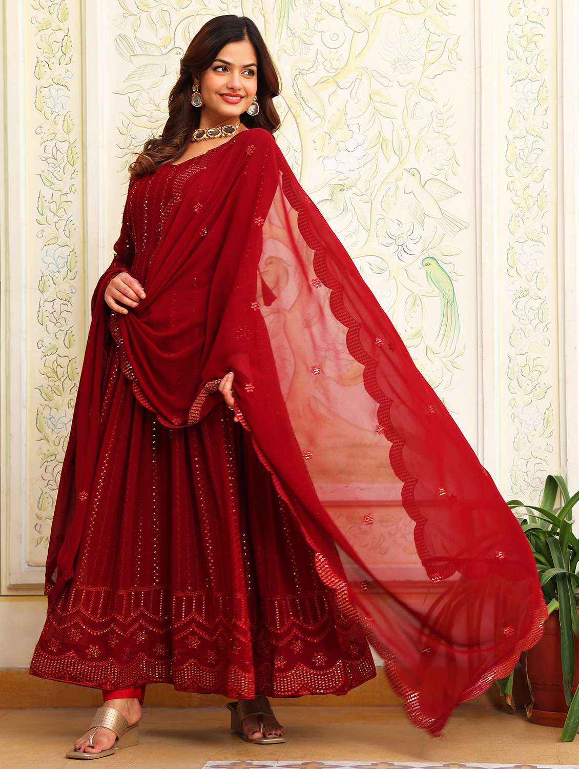 women solid with work long sleeve kurta with dupatta set - 22253889 -  Standard Image - 3