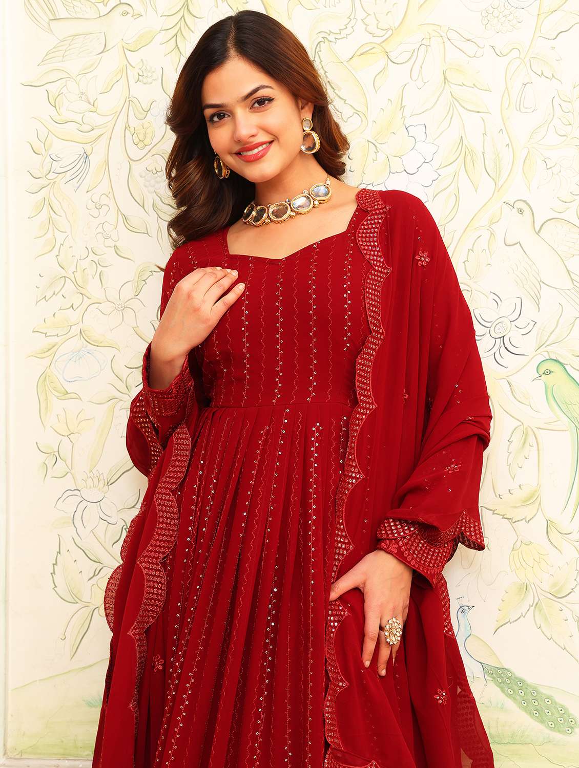 women solid with work long sleeve kurta with dupatta set - 22253889 -  Standard Image - 5