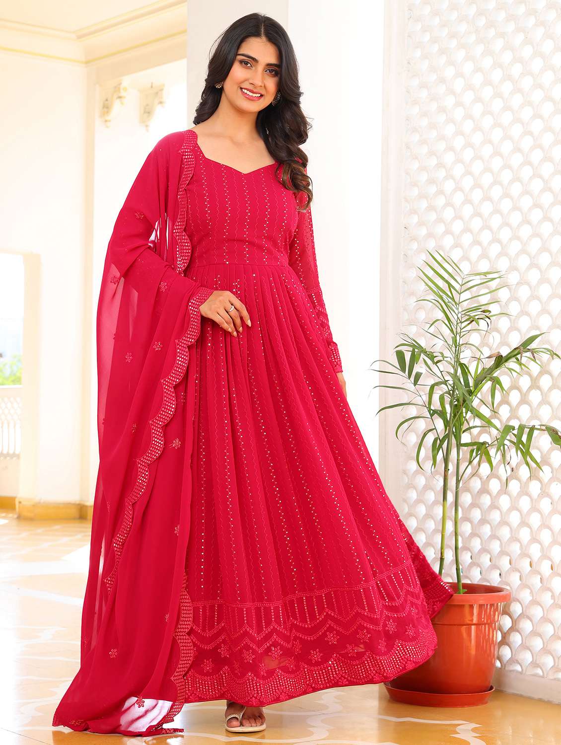 women solid with work long sleeve kurta with dupatta set - 22253890 -  Standard Image - 3