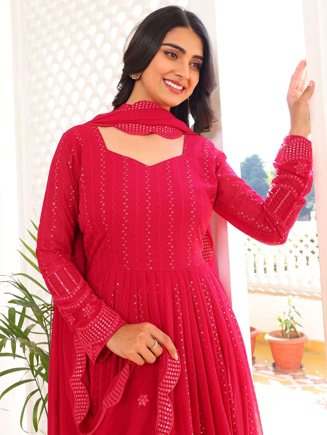 women solid with work long sleeve kurta with dupatta set - 22253890 -  Standard Image - 5