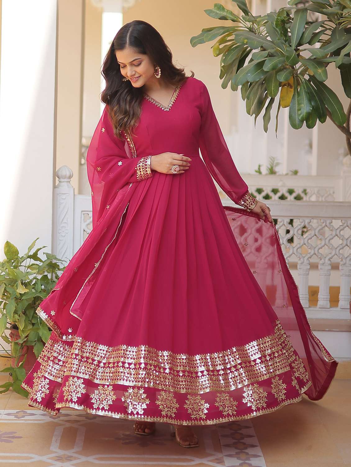 women solid with work long sleeve kurta with dupatta set