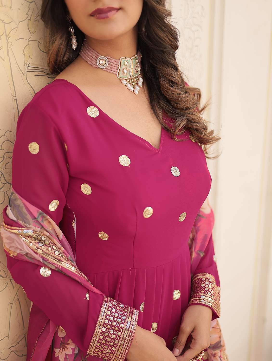 women solid with work long sleeve kurta with dupatta set - 22253919 -  Standard Image - 3