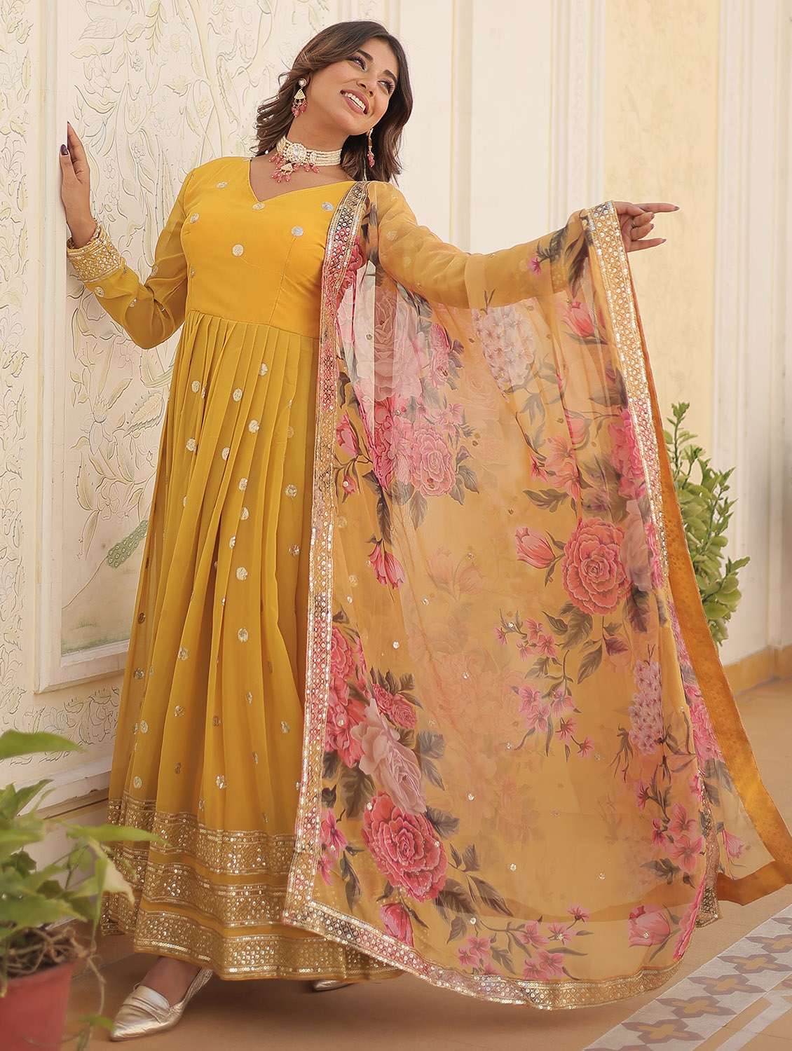 women solid with work long sleeve kurta with dupatta set