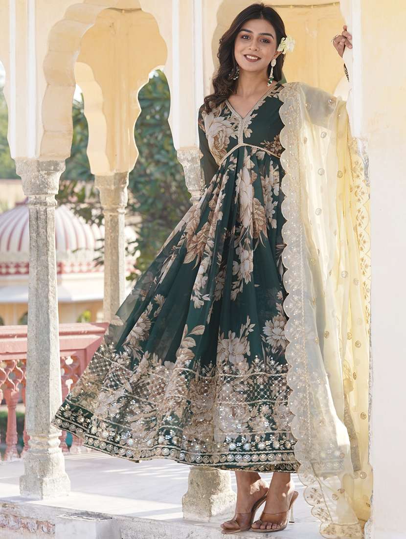 women floral long sleeve kurta with dupatta set