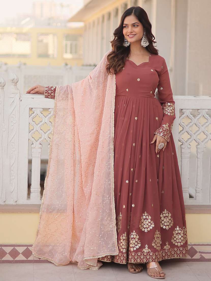 women solid with work long sleeve kurta with dupatta set