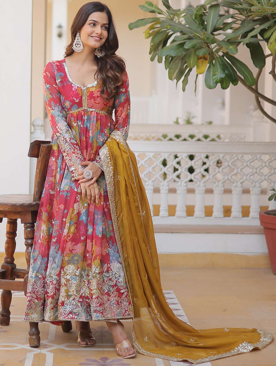 women floral long sleeve kurta with dupatta set