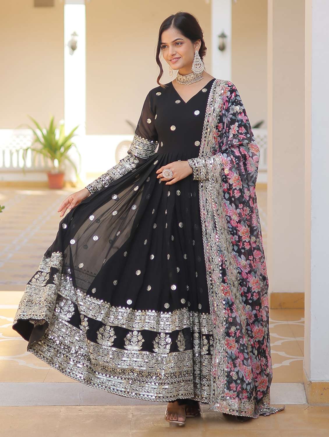 women solid with work long sleeve kurta with dupatta set