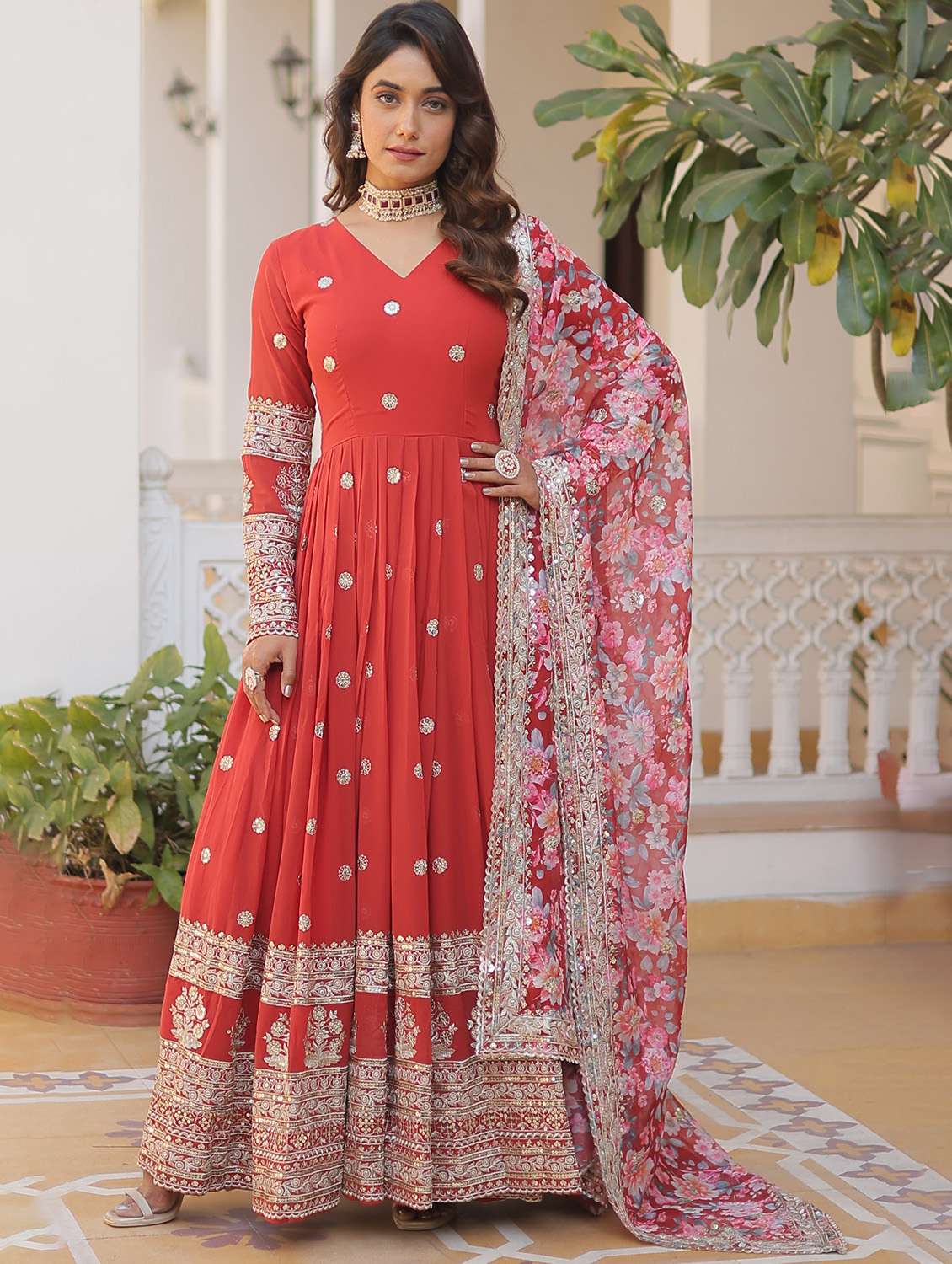 women solid with work long sleeve kurta with dupatta set