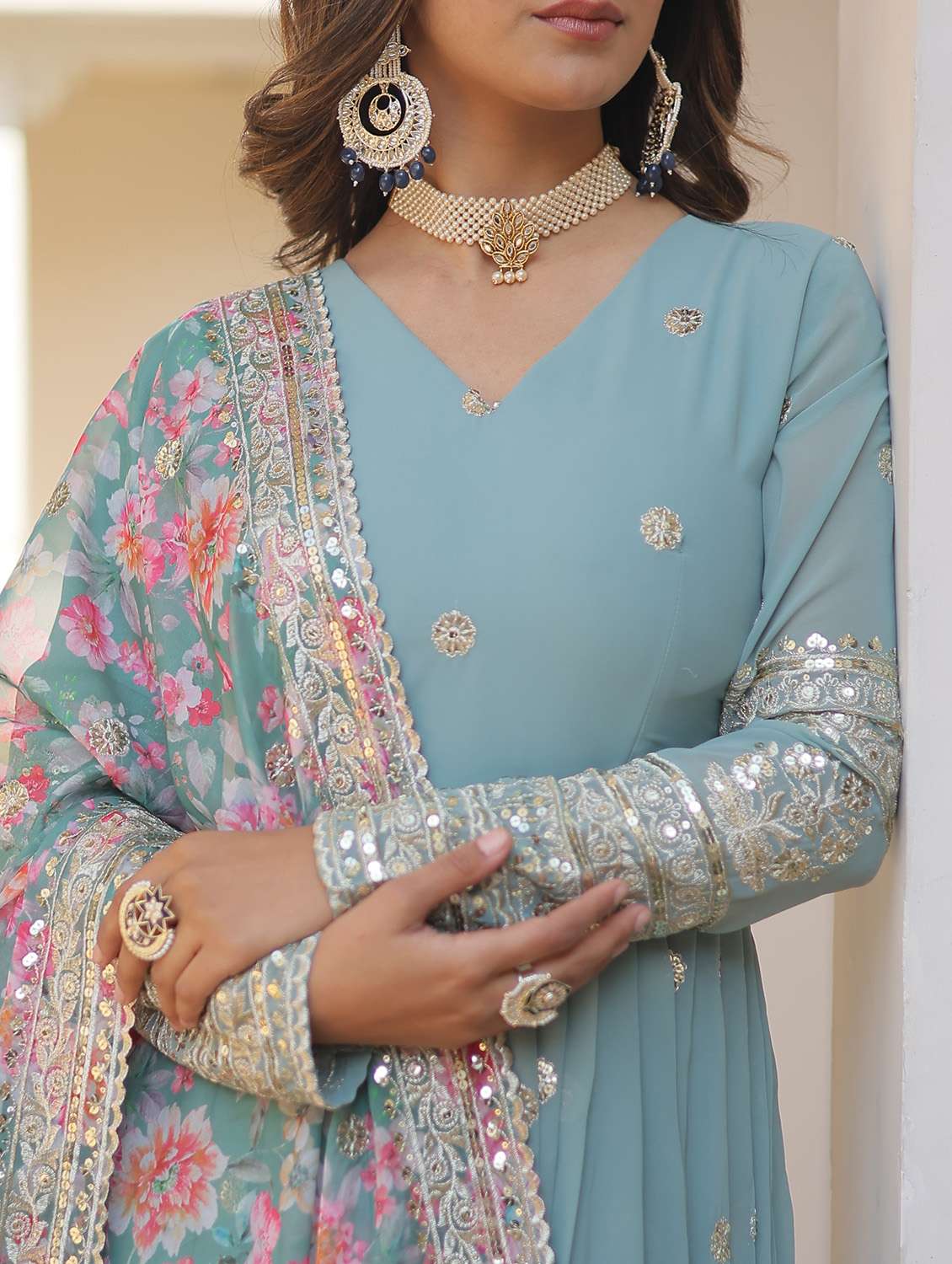 women solid with work long sleeve kurta with dupatta set - 22253927 -  Standard Image - 3