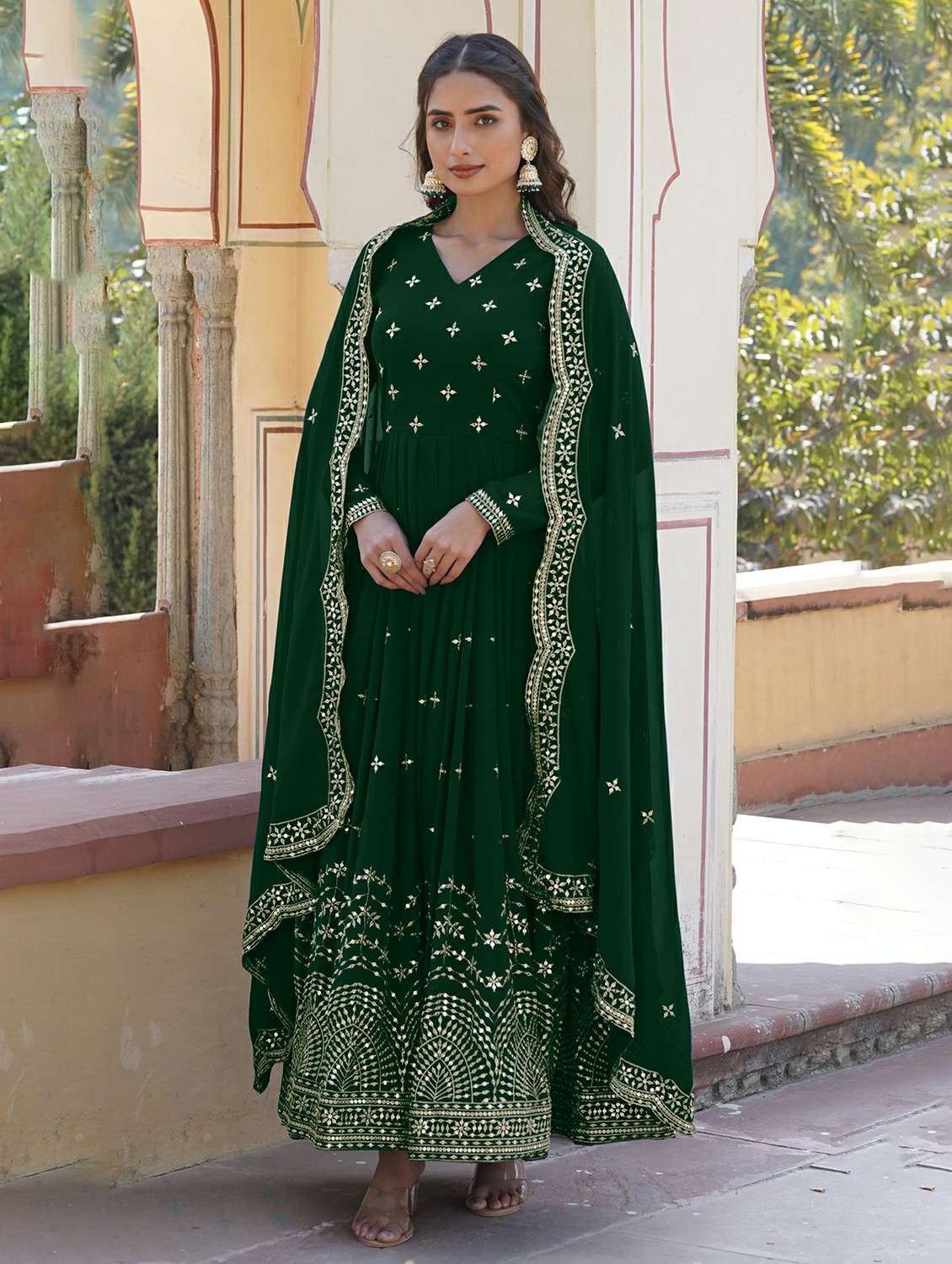 women solid with work long sleeve kurta with dupatta set