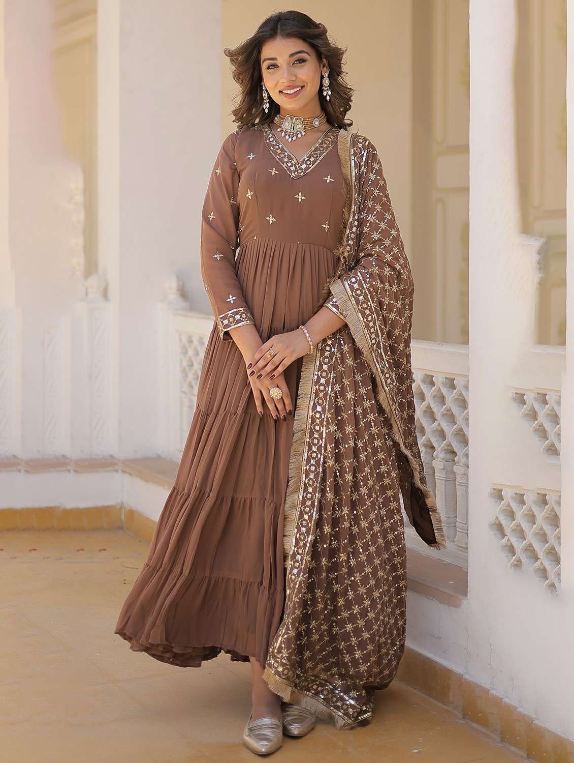 women solid with work long sleeve kurta with dupatta set