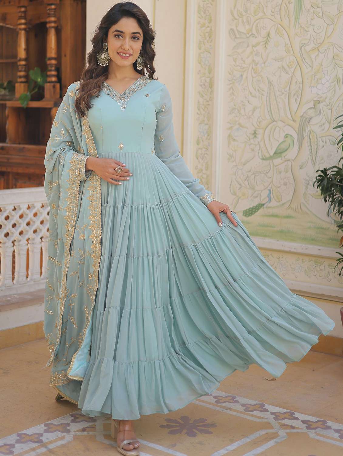 women solid with work long sleeve kurta with dupatta set - 22253941 -  Standard Image - 3