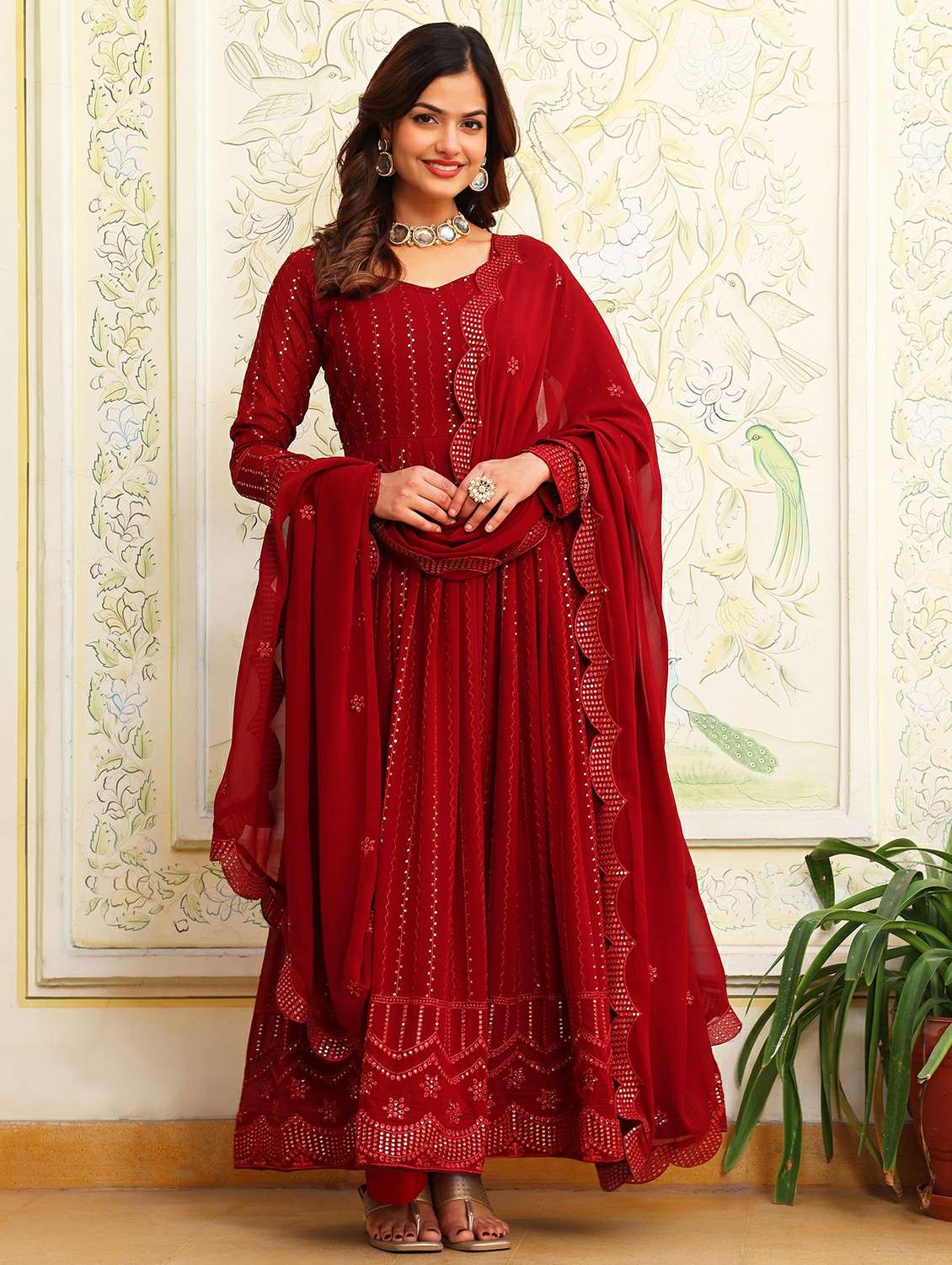 women solid with work long sleeve kurta with dupatta set