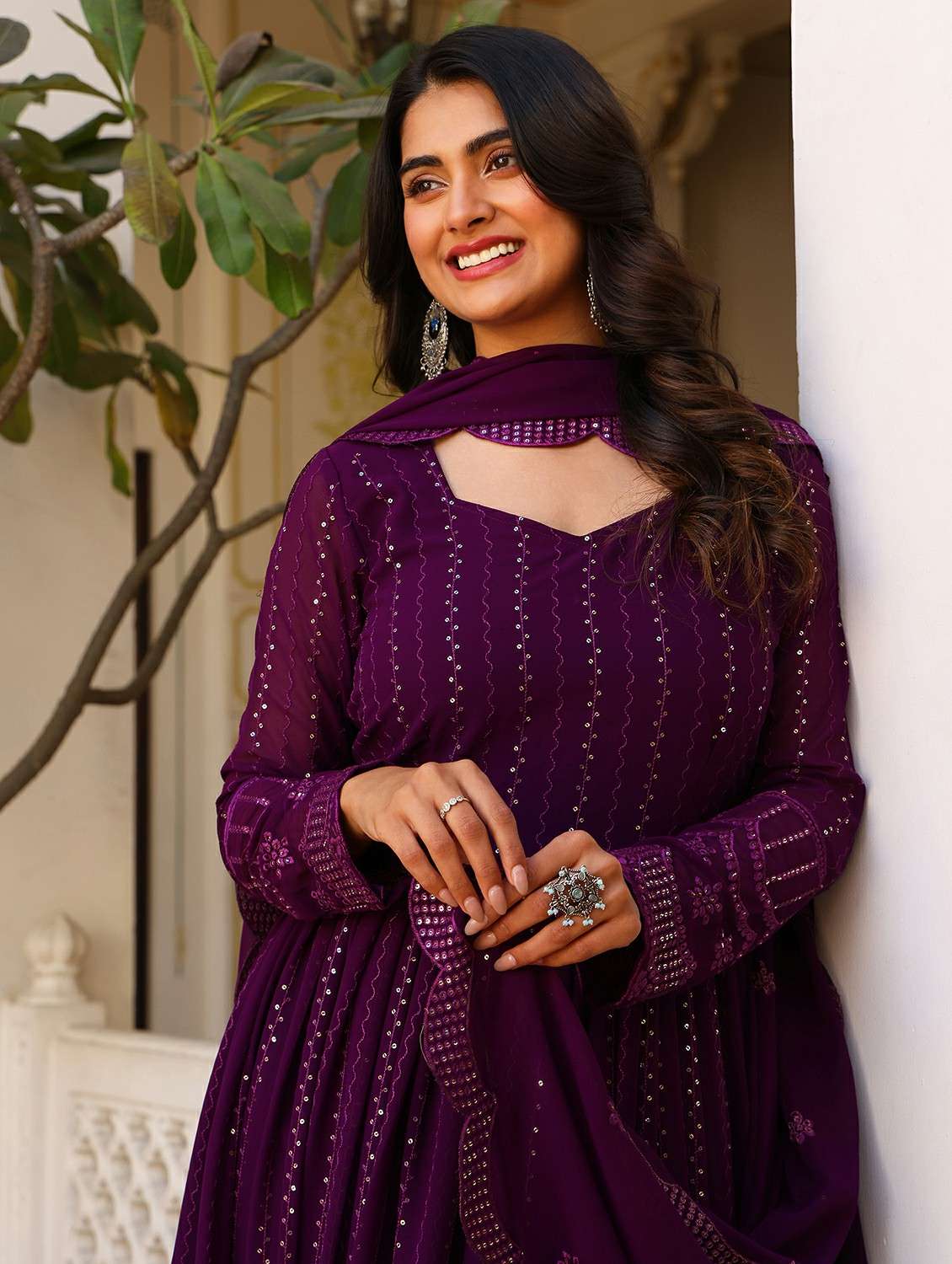 women solid with work long sleeve kurta with dupatta set - 22253945 -  Standard Image - 3