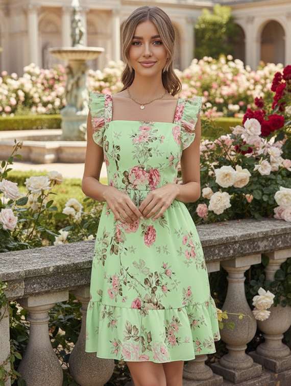 women floral printed sleeveless tiered dress