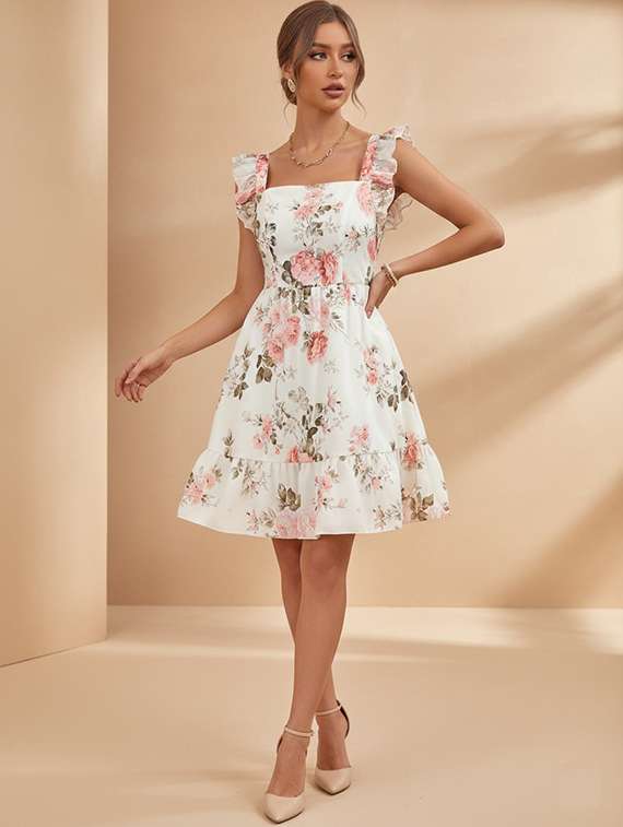 women floral printed sleeveless tiered dress