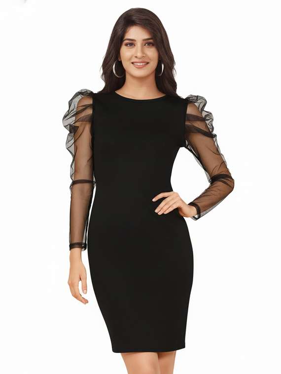women solid puff sleeve bodycon dress